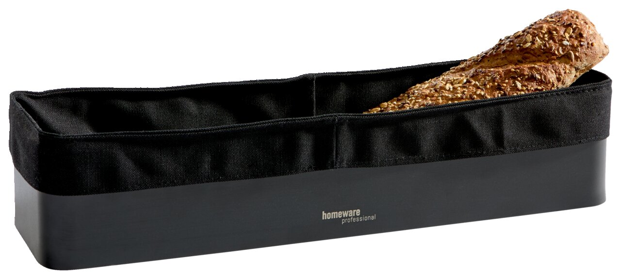 Schwarzer Brotkorb mit einem Baguette, seitliche Perspektive