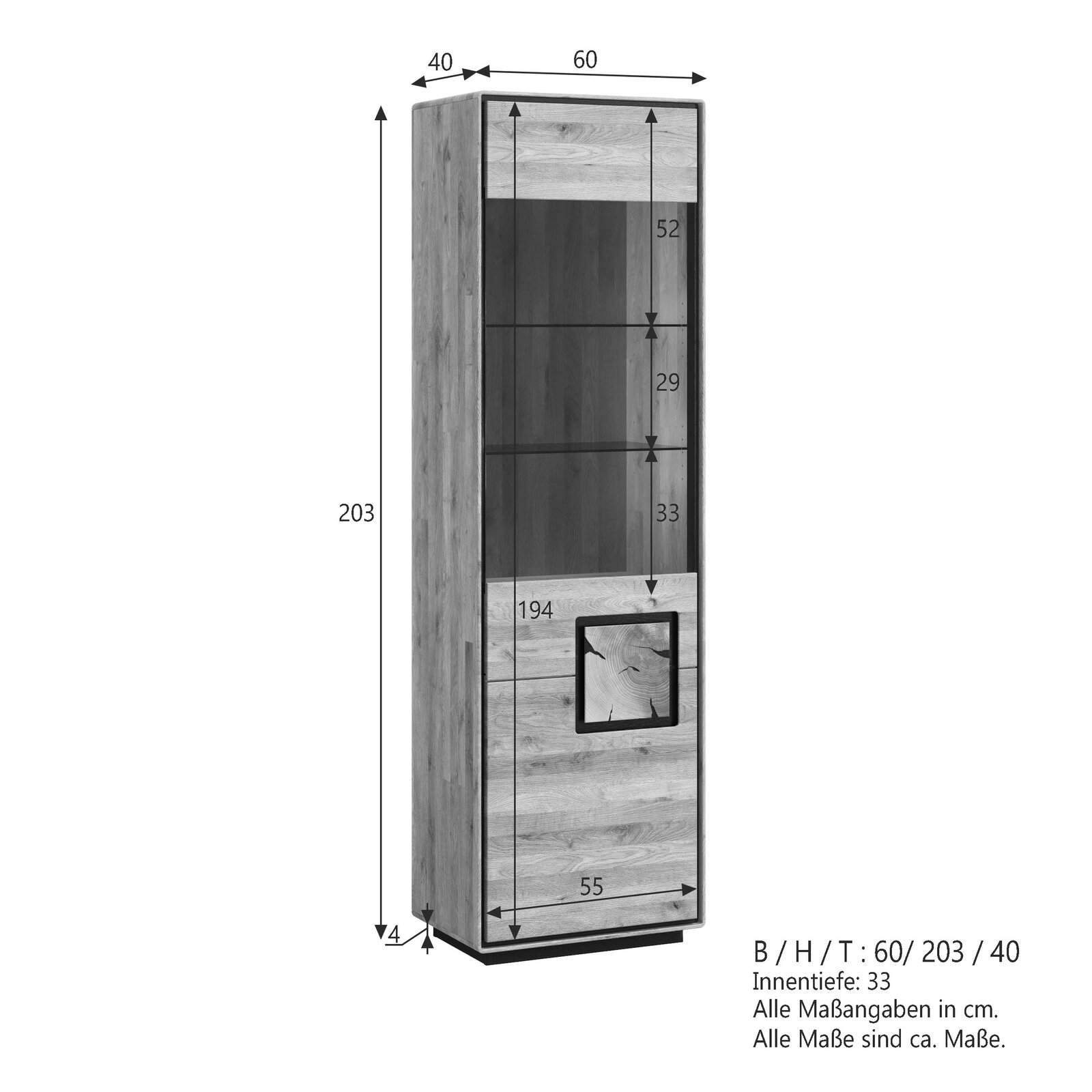 Hoher, schmaler Vitrinenschrank in Holzoptik mit Glaseinsatz und schwarzem Sockel, Maßskizze mit B/H/T 60/203/40 cm und Innentiefe 33 cm, dargestellt in schräger Frontansicht (leicht von links).