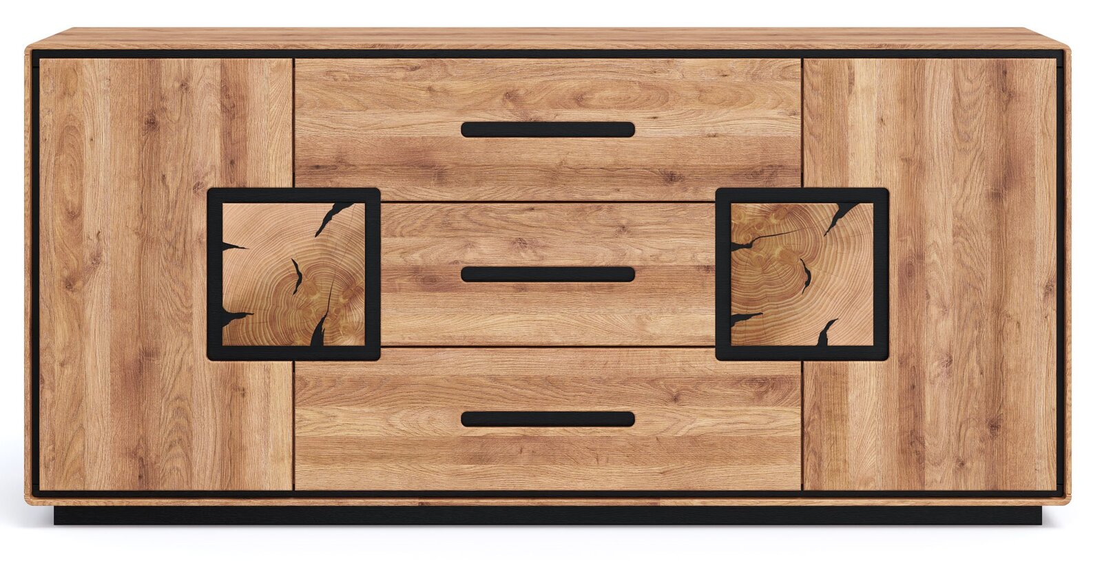 Frontansicht einer rustikalen Holz-Kommode/Sideboard in Eichenoptik mit zwei Türen, drei Schubladen und schwarzen Griffleisten sowie dekorativen schwarzen Rahmen-Elementen mit Holzquerschnitt-Motiv