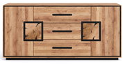 Frontansicht einer rustikalen Holz-Kommode/Sideboard in Eichenoptik mit zwei Türen, drei Schubladen und schwarzen Griffleisten sowie dekorativen schwarzen Rahmen-Elementen mit Holzquerschnitt-Motiv