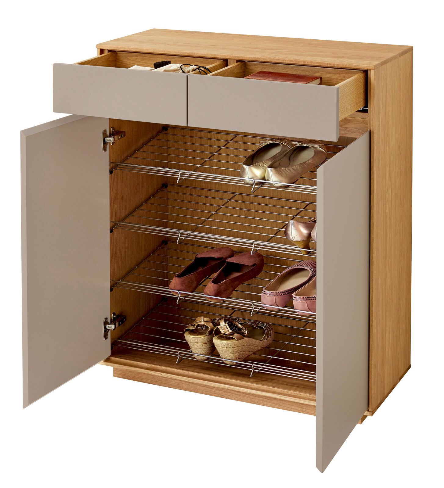 VOSS Schuhschrank V100 Moderner Schuhschrank aus Holz mit offenen Türen und Schubladen, gefüllt mit verschiedenen Schuhen, aus einer leicht erhöhten Perspektive.