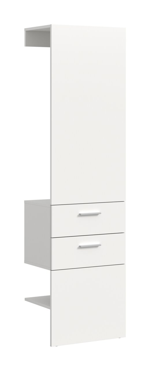 Weißes Garderobenpaneel mit zwei Schubladen, seitliche Perspektive