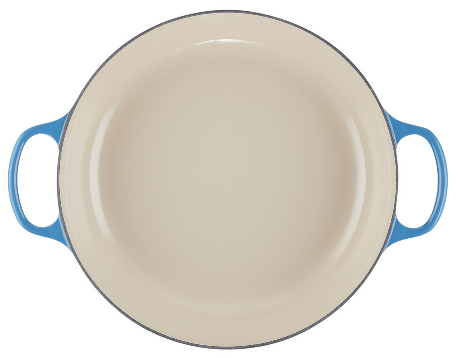 Runde, cremefarbene Bratpfanne mit blauen Griffen, Draufsicht