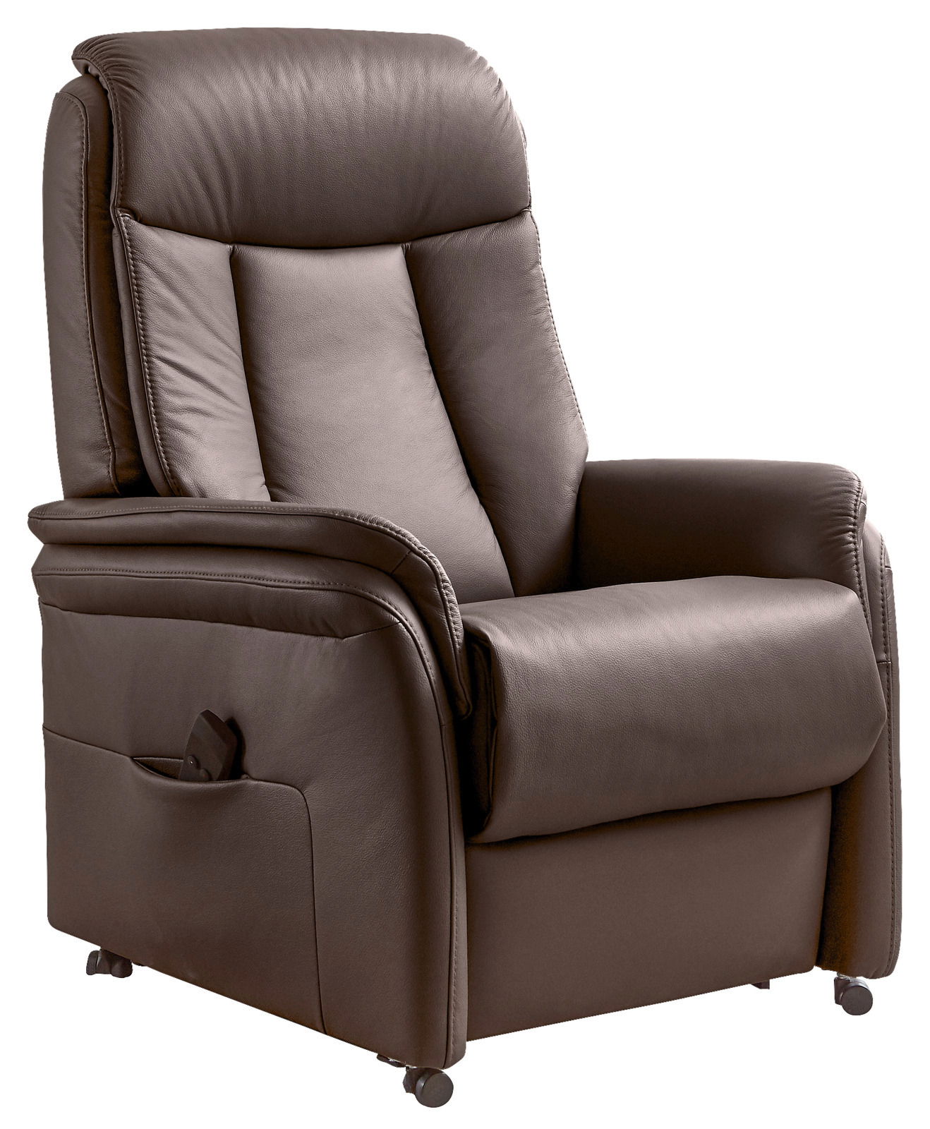 Brauner Relax-Sessel aus Leder, seitliche Perspektive mit sichtbarer Fernbedienungstasche und Rollen.
