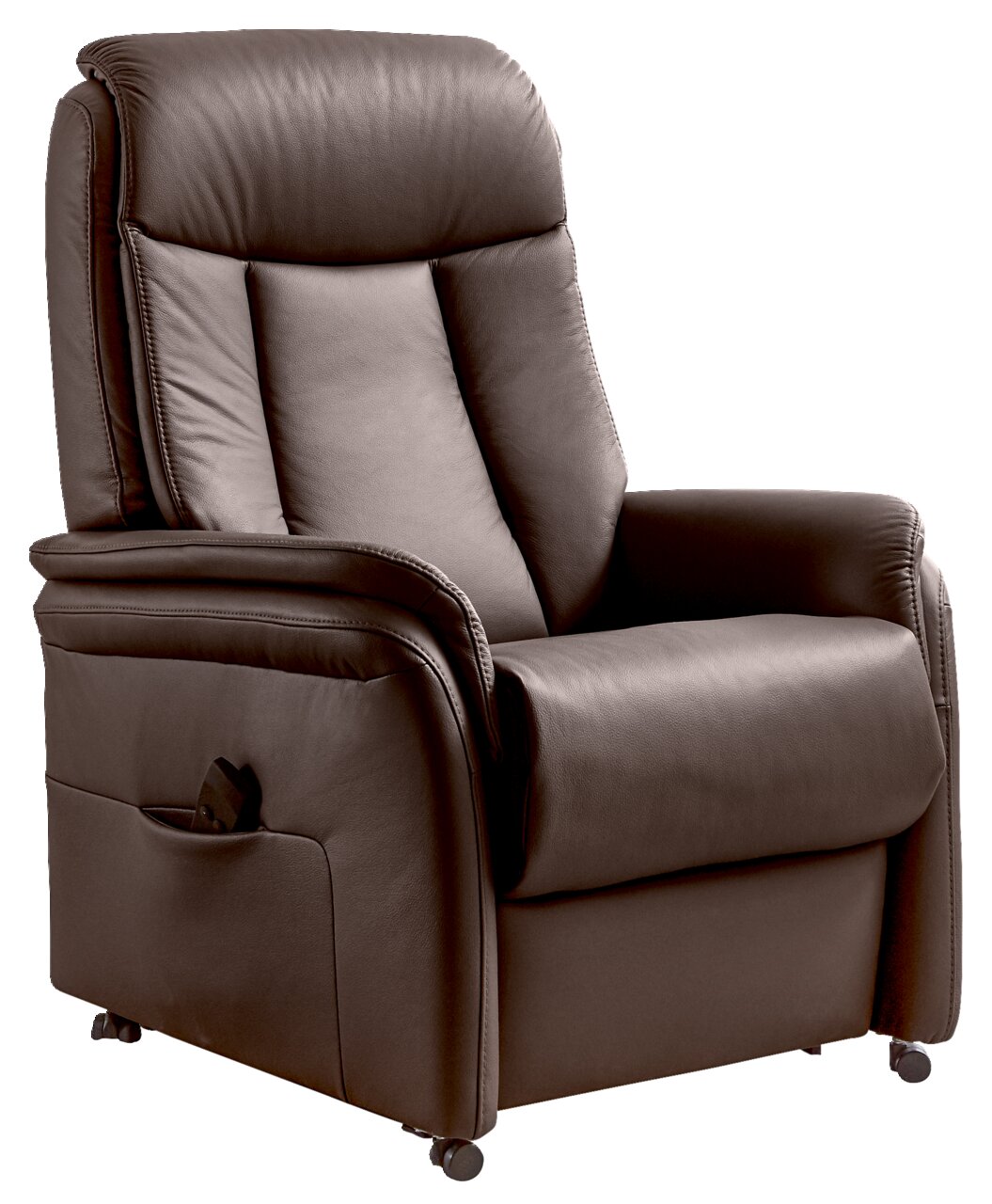 Bruine lederen relaxfauteuil, zijaanzicht met zichtbaar vak voor de afstandsbediening en wieltjes.