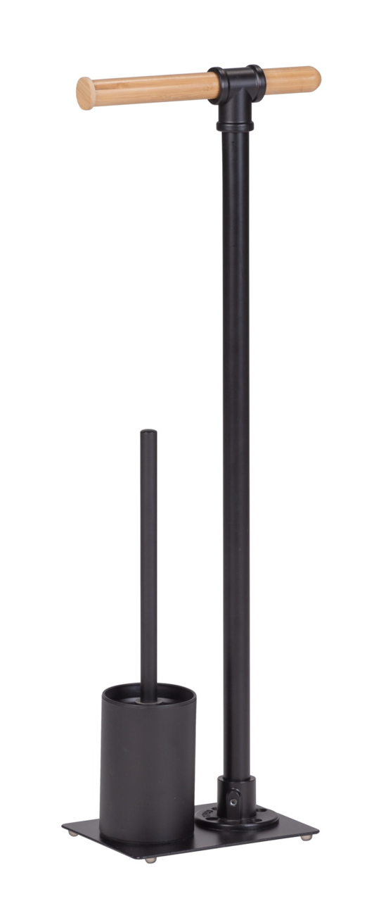 Wenko Stand WC-Garnitur FORLI Freistehende WC-Garnitur in Schwarz mit Holzgriff, seitliche Perspektive