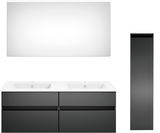 Moderne Badkombination mit großem Spiegel, Doppelwaschbecken und hohem, schlankem Schrank in schwarzem Design, Frontalansicht.