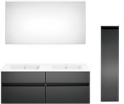 Moderne Badkombination mit großem Spiegel, Doppelwaschbecken und hohem, schlankem Schrank in schwarzem Design, Frontalansicht.