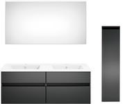Moderne Badkombination mit großem Spiegel, Doppelwaschbecken und hohem, schlankem Schrank in schwarzem Design, Frontalansicht.