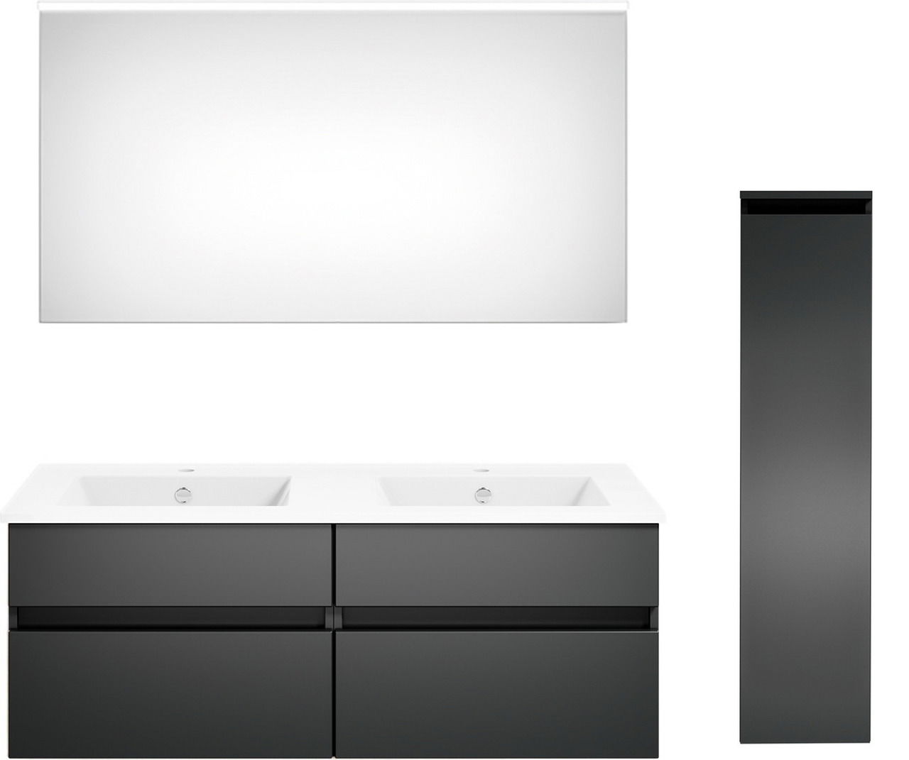 Moderne Badkombination mit großem Spiegel, Doppelwaschbecken und hohem, schlankem Schrank in schwarzem Design, Frontalansicht.