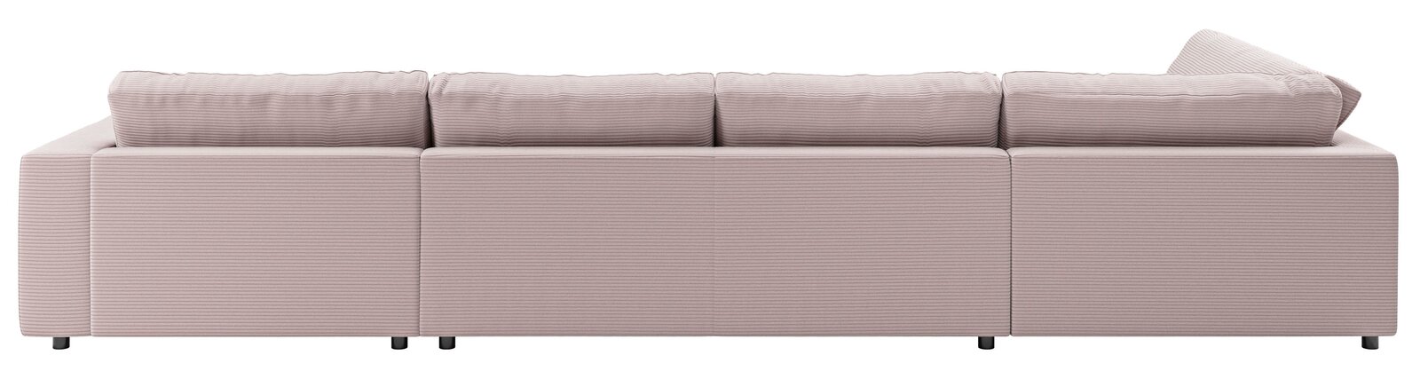 Rückansicht einer Polsterrundecke in hellem Stoff mit geripptem Muster, drei Rückenkissen und niedrigen schwarzen Füßen.