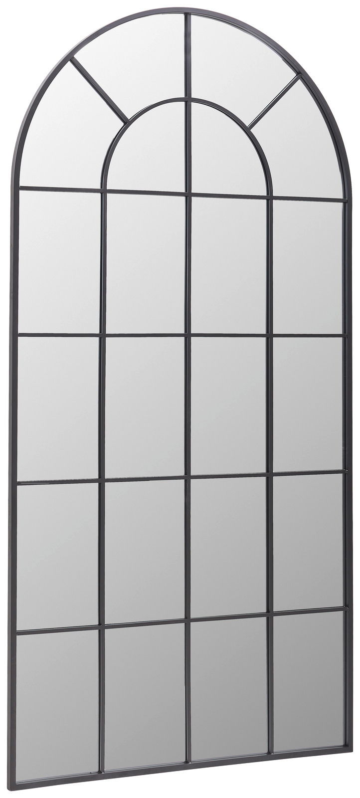 Großer, rechteckiger Spiegel mit schwarzem Metallrahmen und Sprossen, perspektivisch von der Seite fotografiert.