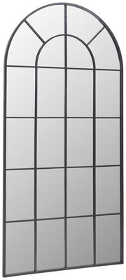 Großer, rechteckiger Spiegel mit schwarzem Metallrahmen und Sprossen, perspektivisch von der Seite fotografiert.