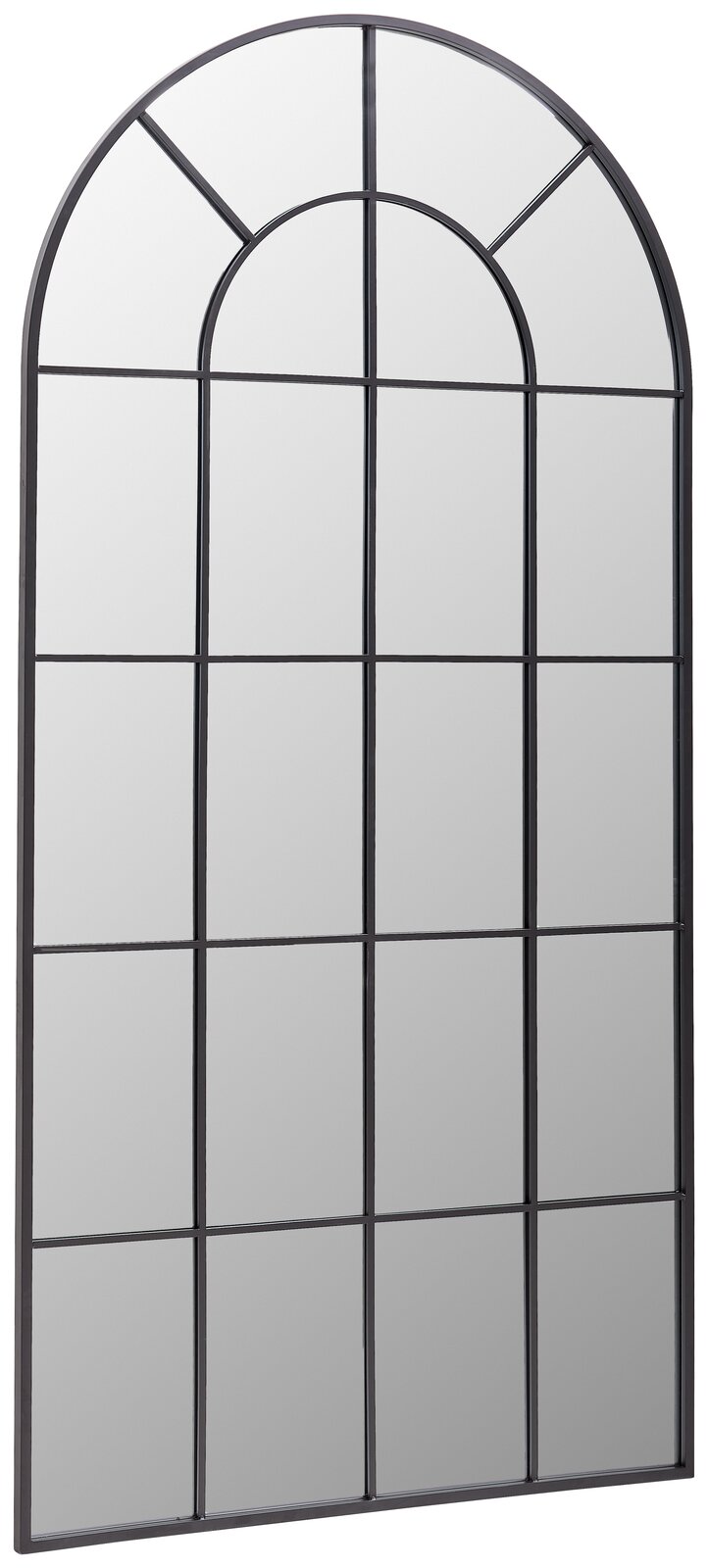 Großer, rechteckiger Spiegel mit schwarzem Metallrahmen und Sprossen, perspektivisch von der Seite fotografiert.