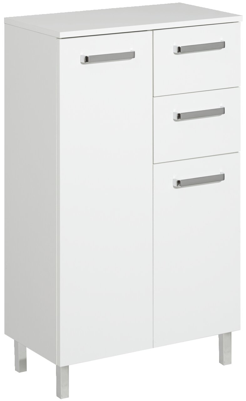 Weißes Highboard mit zwei Türen und drei Schubladen, Ansicht von vorne links