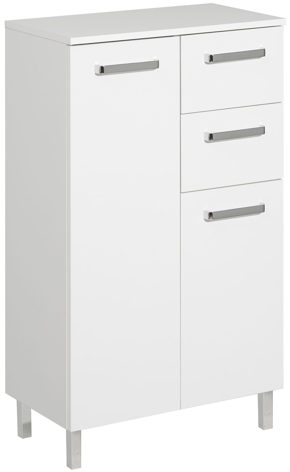 Weißes Highboard mit zwei Türen und drei Schubladen, Ansicht von vorne links