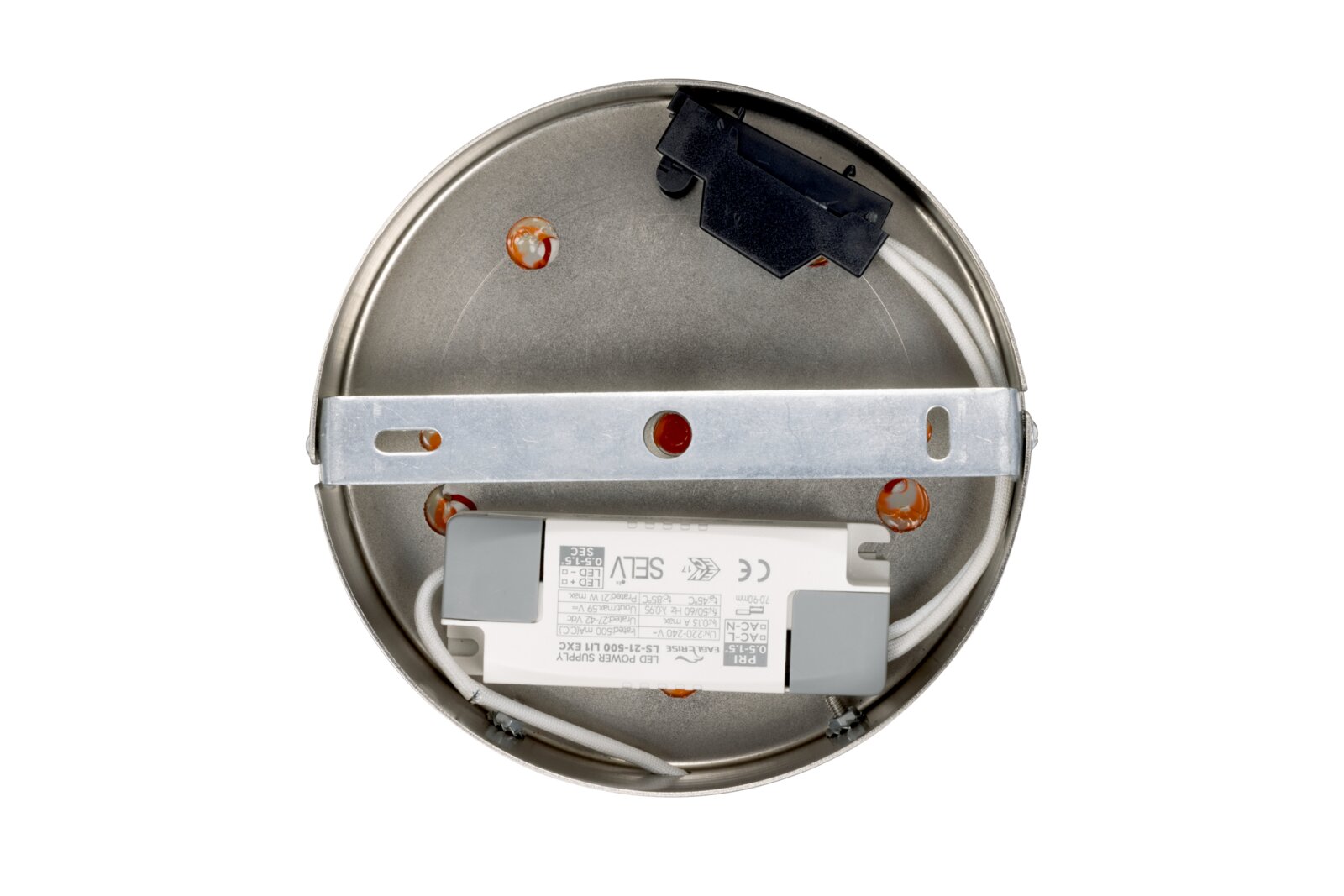 Rückansicht einer runden LED-Deckenleuchte mit sichtbarem Netzteil und Kabeln.