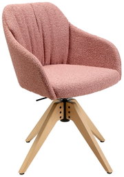 Rosa Armlehnstuhl mit gepolstertem Sitz und Rückenlehne, auf einem stabilen Holzgestell. Seitenansicht.
