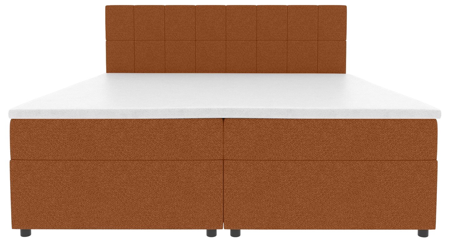 Bruin gestoffeerd bed met een gestoffeerd hoofdeinde met ruitjespatroon en een wit matras, vooraanzicht tegen een witte achtergrond