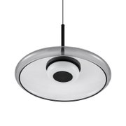 Moderne runde Pendelleuchte mit transparent-grauem Schirm, weißem Diffusor und schwarzer Aufhängung, in Untersicht von unten freigestellt auf weißem Hintergrund