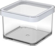 Quadratische Premium-Dose 0.5 l LOFT aus transparentem Material mit weißem Deckel, seitliche Perspektive