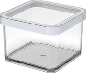 Quadratische Premium-Dose 0.5 l LOFT aus transparentem Material mit weißem Deckel, seitliche Perspektive