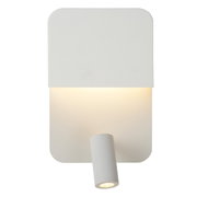 Moderne witte wand- of bedlamp met rechthoekig ontwerp en draaibare spot, vooraanzicht.