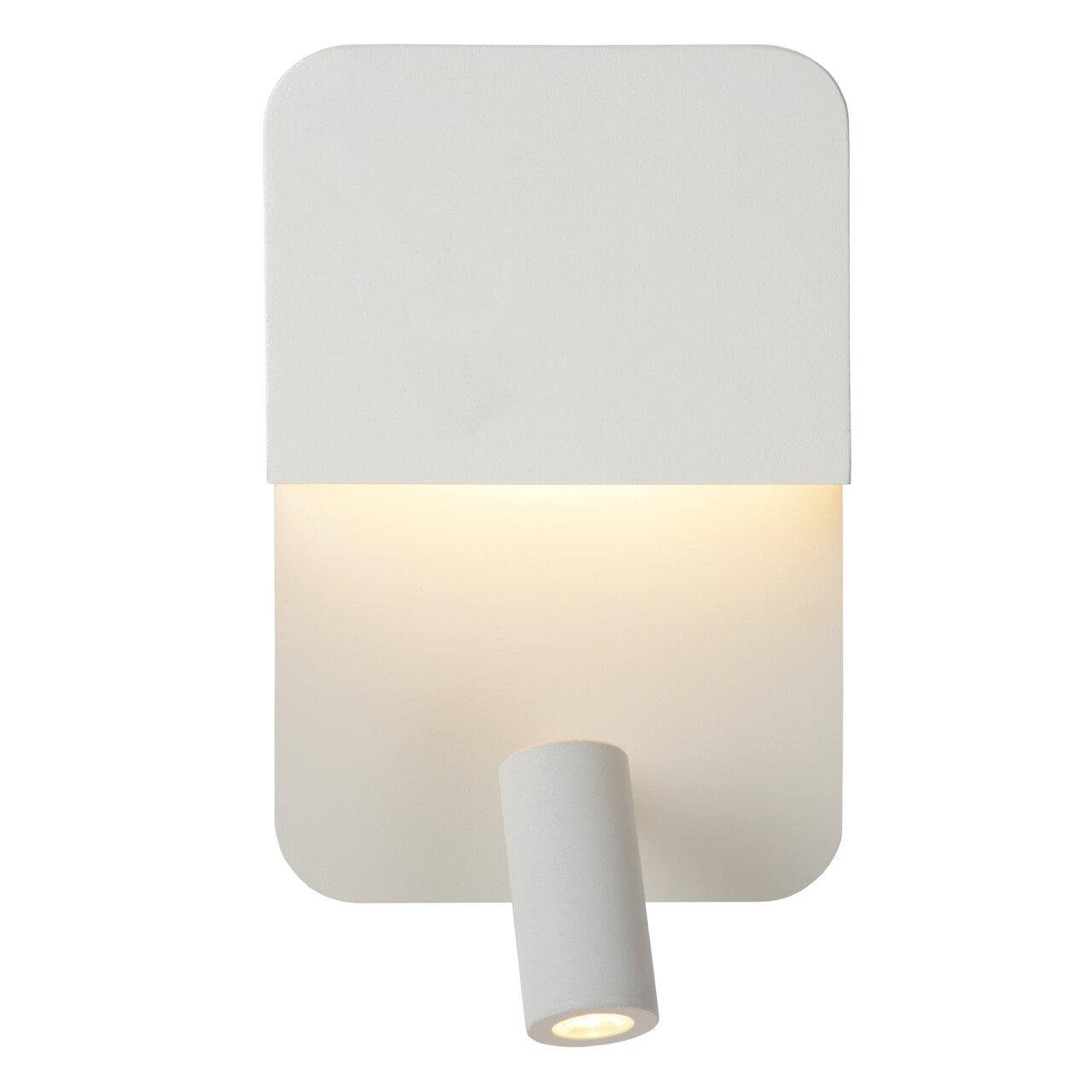 Moderne witte wand- of bedlamp met rechthoekig ontwerp en draaibare spot, vooraanzicht.