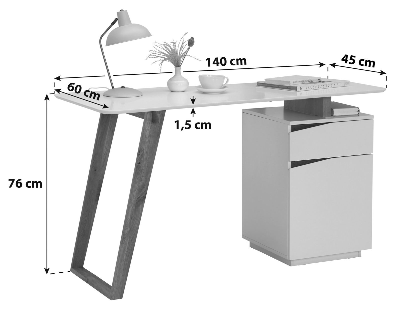 Moderner Schreibtisch mit schrägen Holzbeinen und integriertem Schubladenschrank, seitliche Perspektive