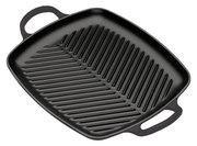 Schwarze Grillplatte mit Rillen, rechteckig, mit zwei Griffen, aus der Vogelperspektive.