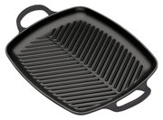 Schwarze Grillplatte mit Rillen, rechteckig, mit zwei Griffen, aus der Vogelperspektive.
