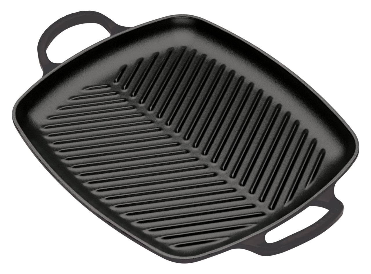 Schwarze Grillplatte mit Rillen, rechteckig, mit zwei Griffen, aus der Vogelperspektive.