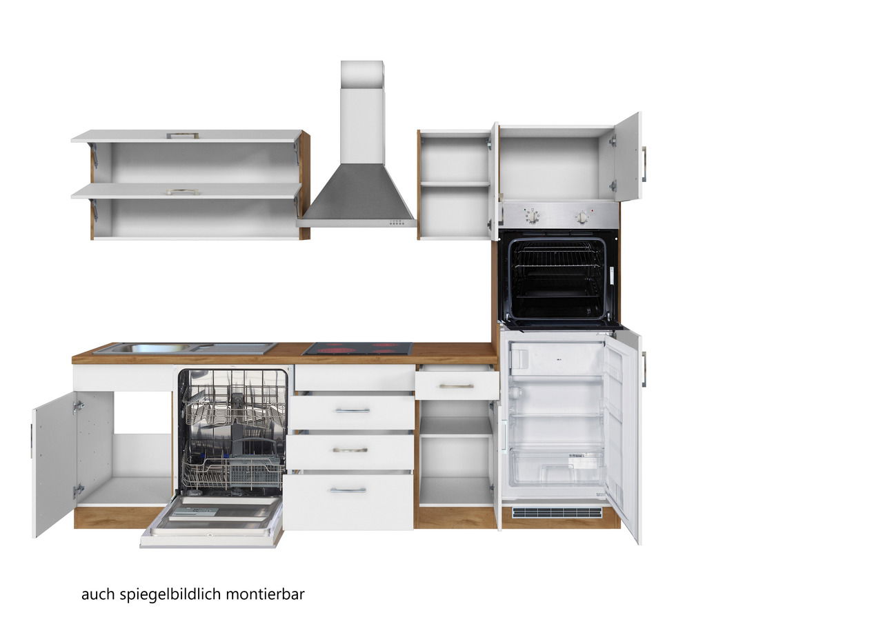 Küchenzeile mit offenem Geschirrspüler, Kühlschrank und Backofen, aus der Frontansicht.