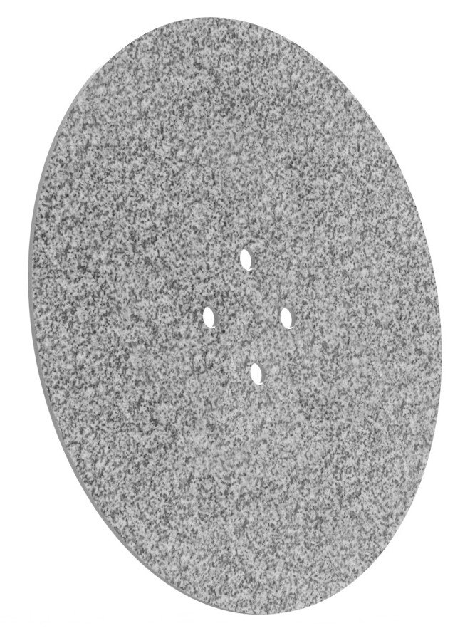 Runde graue Dekorplatte mit vier Löchern, perspektivisch von der Seite betrachtet