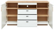 Frontansicht eines Sideboards mit offenen Türen und Schubladen, Holzoptik mit weißen Fronten.