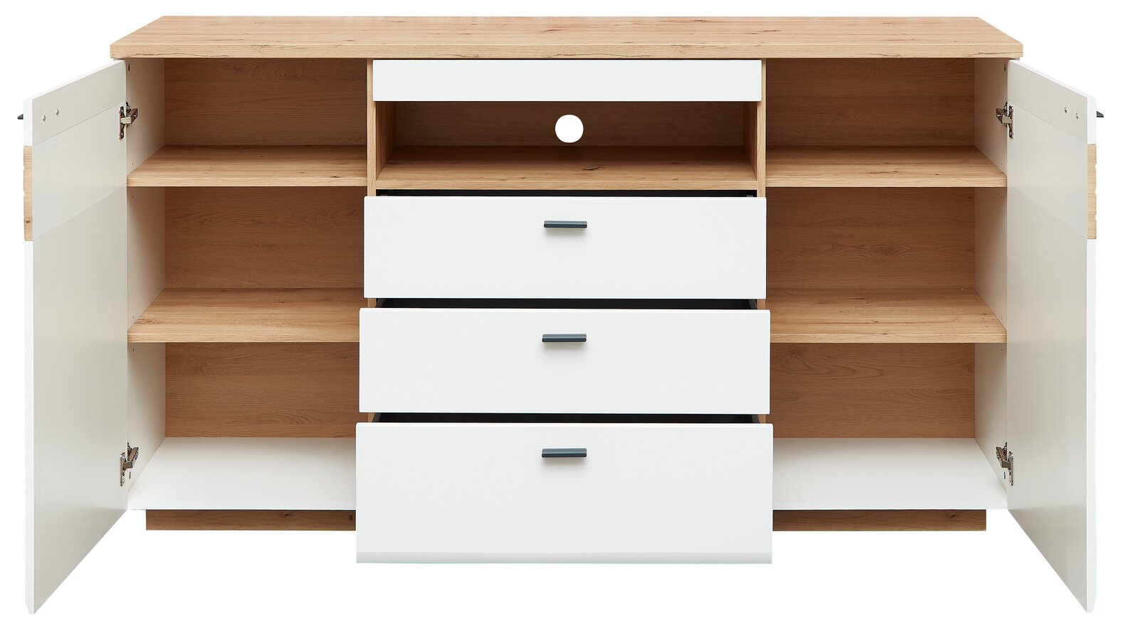 Frontansicht eines Sideboards mit offenen Türen und Schubladen, Holzoptik mit weißen Fronten.