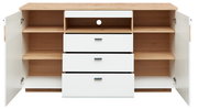 Frontansicht eines Sideboards mit offenen Türen und Schubladen, Holzoptik mit weißen Fronten.