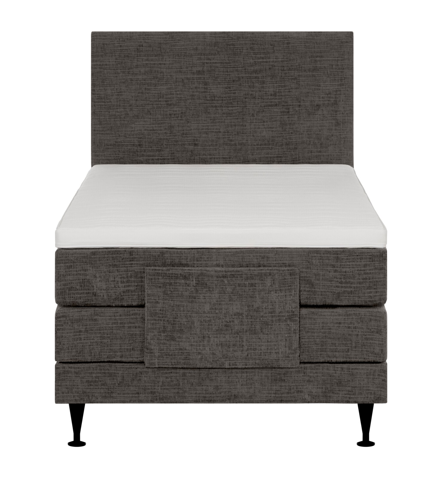 Donkergrijs gestoffeerd eenpersoons boxspringbed met hoog hoofdbord, wit matras en zwarte poten, recht van voren gezien