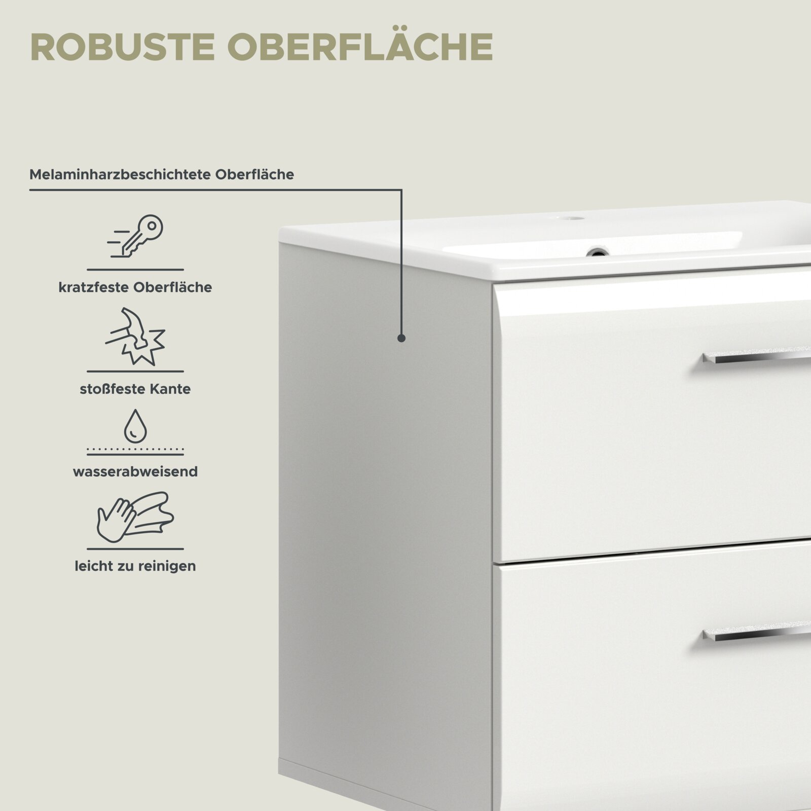 Nahaufnahme eines weißen Bad-Waschtischunterschranks mit Waschbecken in schräger Vorderansicht, mit Hinweisgrafik zur robusten, melaminharzbeschichteten Oberfläche (kratzfest, stoßfeste Kante, wasserabweisend, leicht zu reinigen)