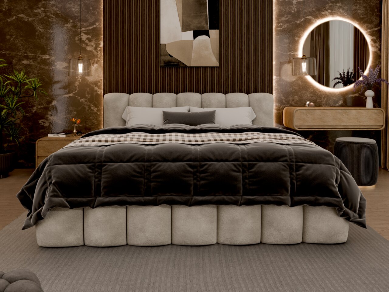 Frontale Ansicht eines eleganten Polsterbettgestells in einem stilvoll eingerichteten Schlafzimmer mit modernen Dekorationselementen.