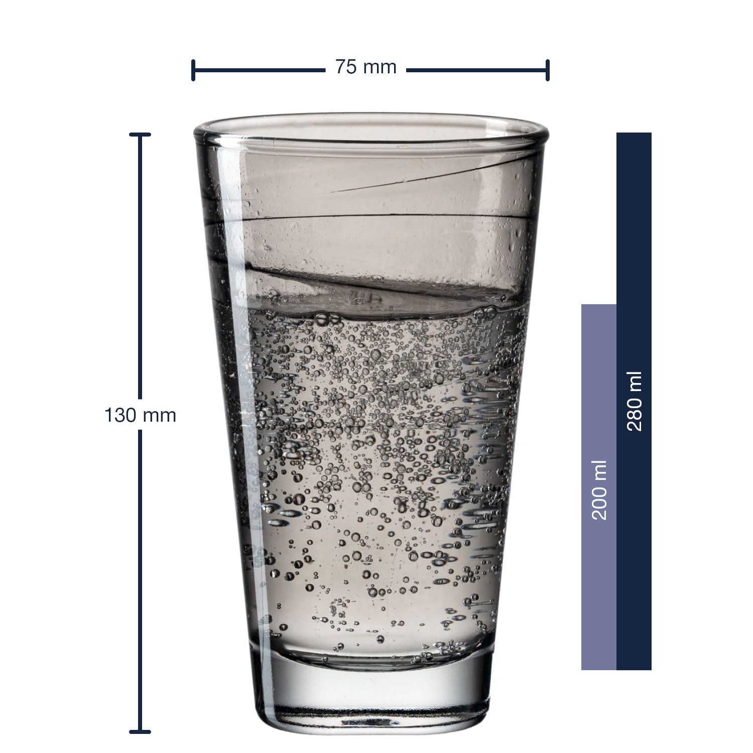 Trinkglas Vario Anthrazit 280ml, frontalansicht, gefüllt mit sprudelndem Wasser, Maße 75 mm Durchmesser und 130 mm Höhe