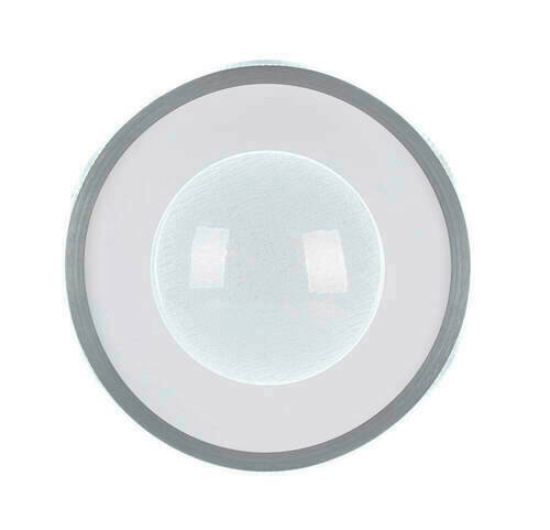 Runde LED-Deckenleuchte aus der Vogelperspektive mit grauem Rand und zentraler Lichtkuppel.