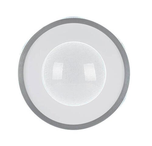 Ronde led-plafondlamp gezien vanuit vogelperspectief, met een grijze rand en een centrale lichtkoepel.