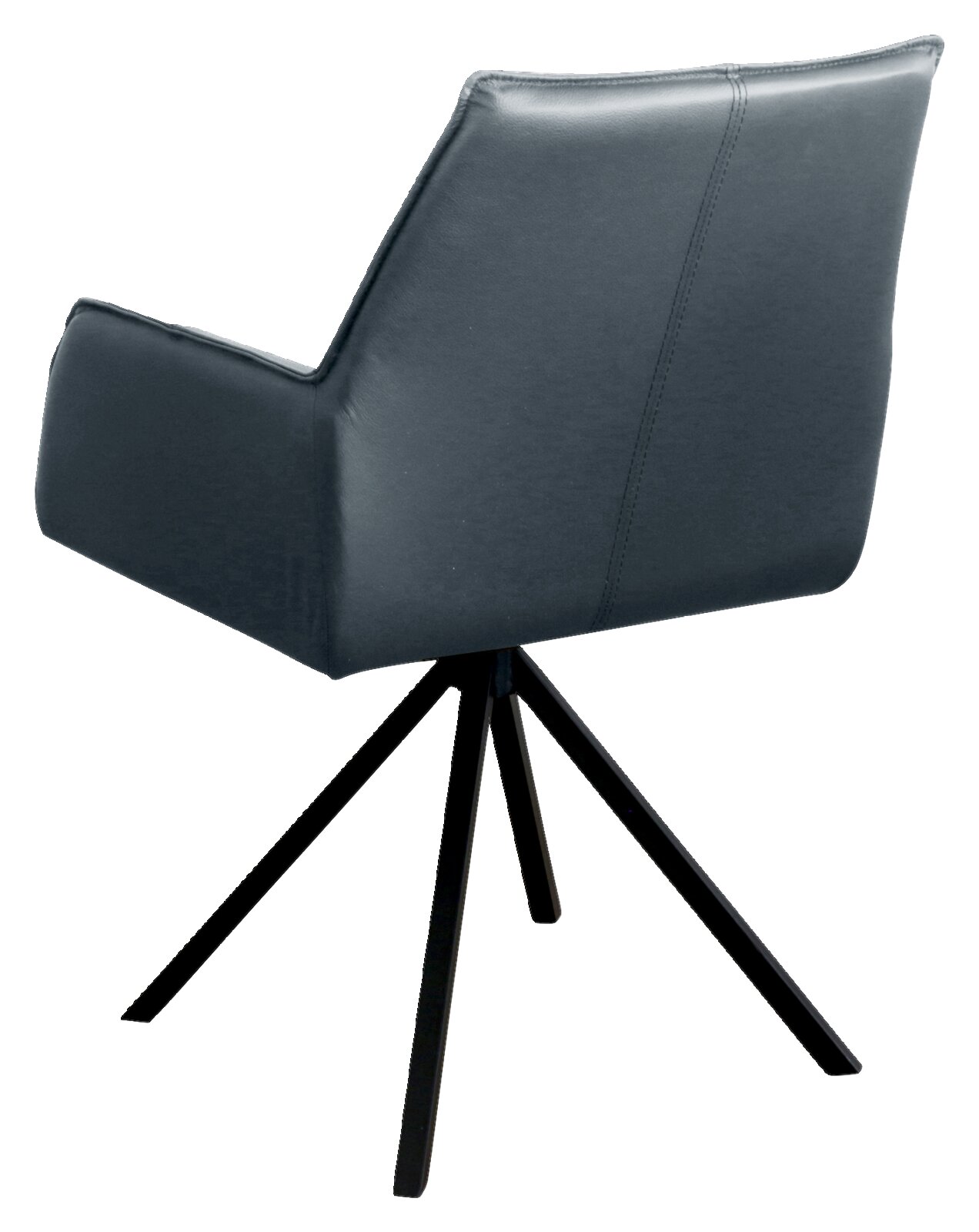 Achterkant van een moderne fauteuil met zwarte bekleding en metalen poten.