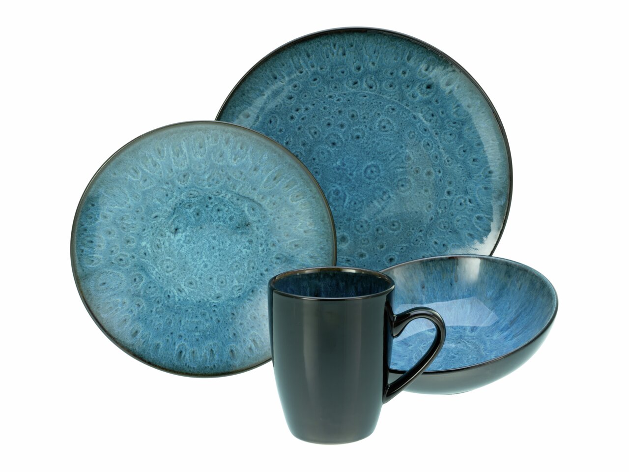 Kombiservice Capri 16-tlg. in blauer Keramik mit Teller, Schüssel und Tasse, seitliche Perspektive