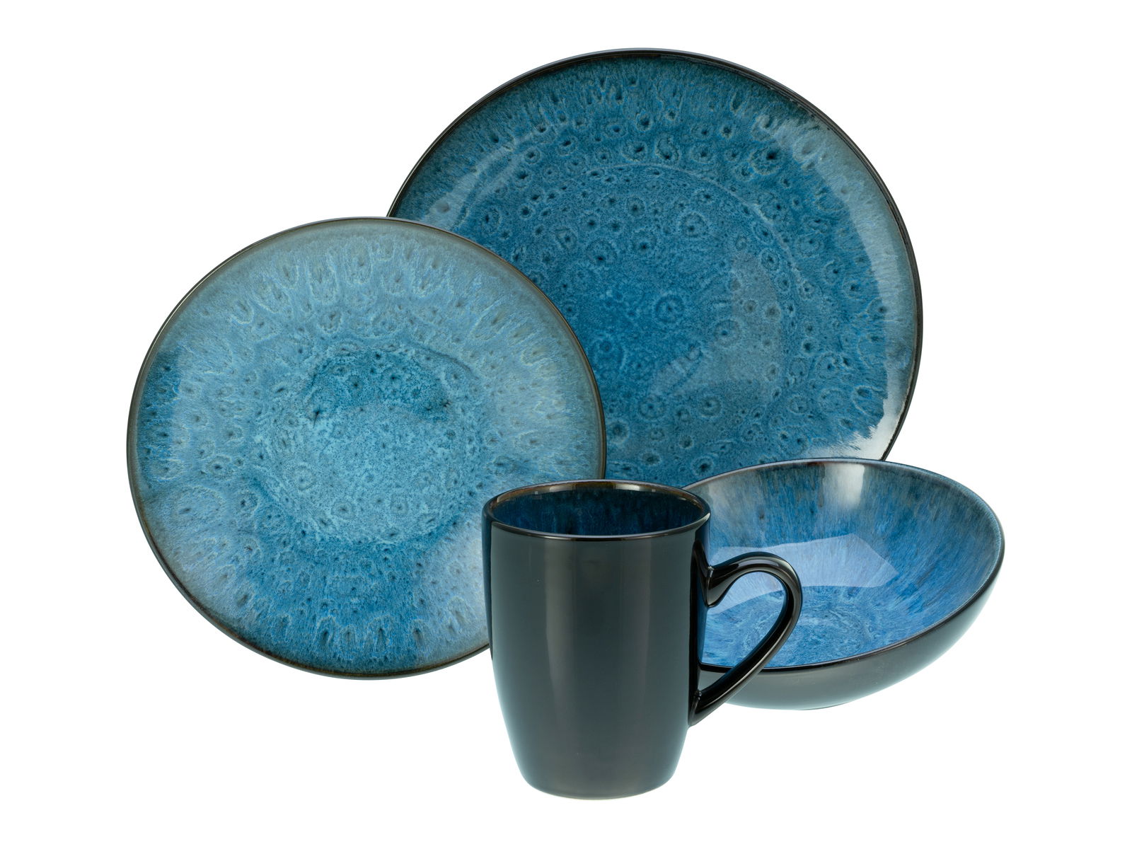 Kombiservice Capri 16-tlg. in blauer Keramik mit Teller, Schüssel und Tasse, seitliche Perspektive