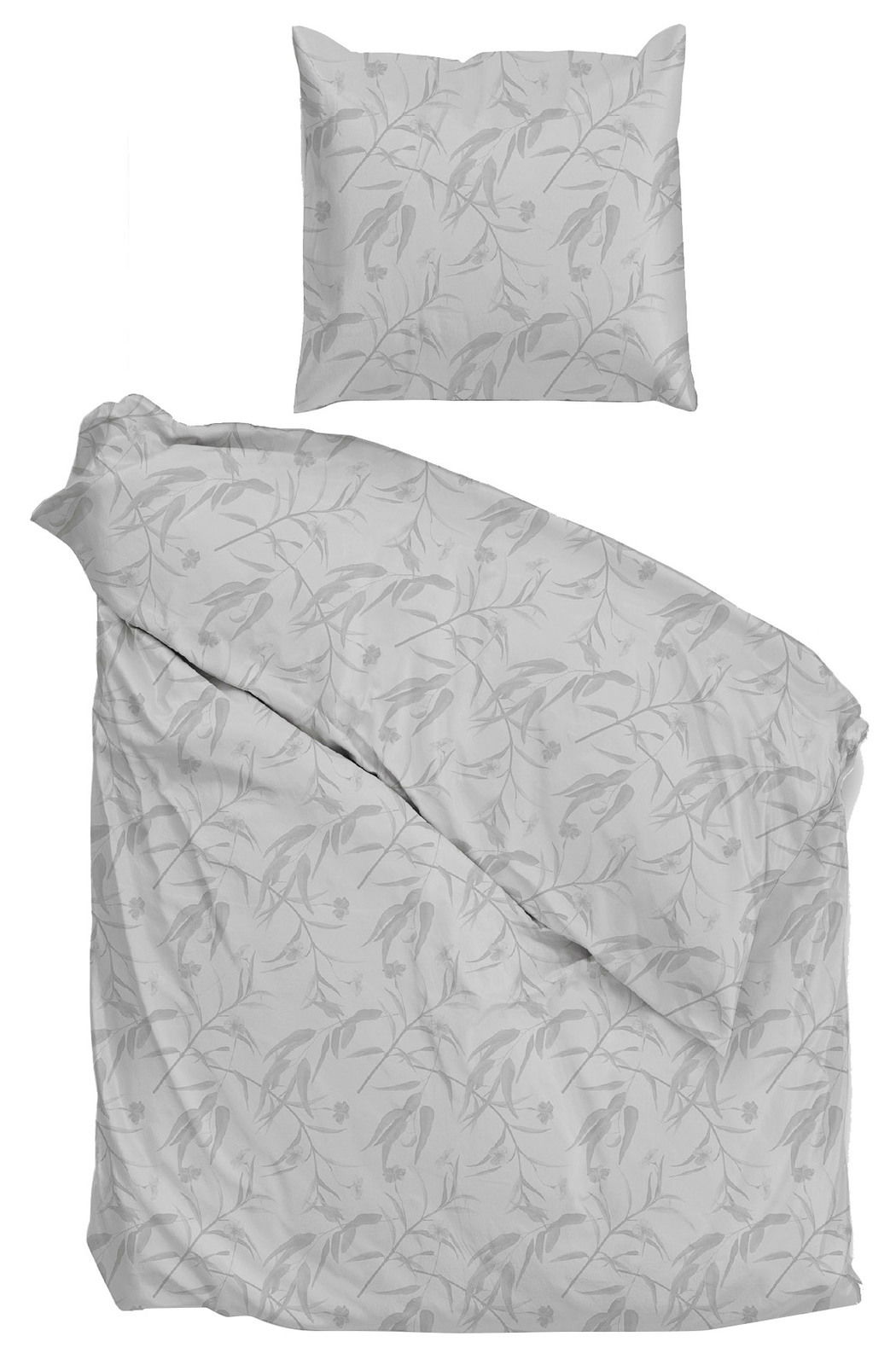 Bettwäsche-Set ZO!HOME FIORI DI SATINADO in Grau mit floralem Muster, bestehend aus einem Kissenbezug und einem Bettdeckenbezug, aus der Vogelperspektive.