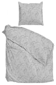 Bettwäsche-Set ZO!HOME FIORI DI SATINADO in Grau mit floralem Muster, bestehend aus einem Kissenbezug und einem Bettdeckenbezug, aus der Vogelperspektive.