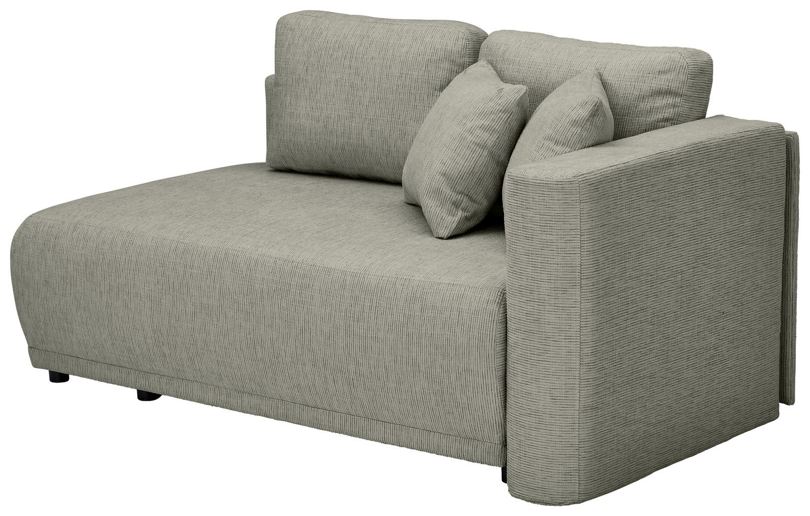 Graue Recamiere mit zwei Rückenkissen und einem Armlehnenkissen, seitliche Perspektive