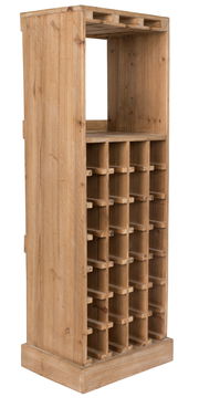 Holz-Weinregal mit seitlicher Perspektive, das Platz für mehrere Flaschen bietet.